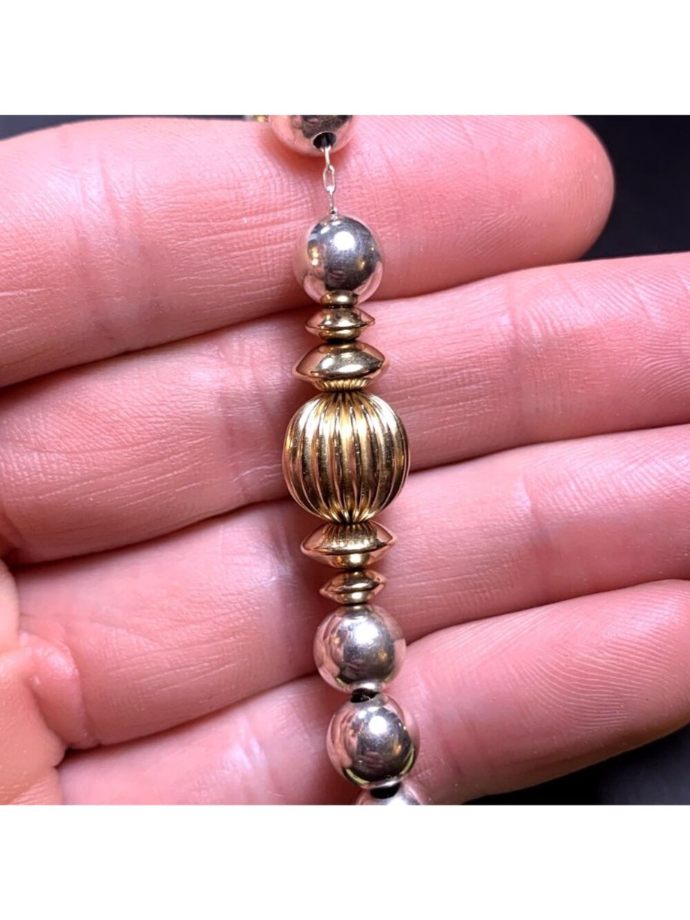 Beaded Bracelet Two Tone Solid Sterling Silver 925 Size 7'' Length - Picture 6 of 11